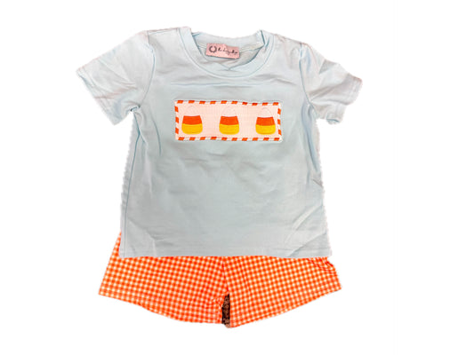 Blue Candy Corn Smocked Short Set