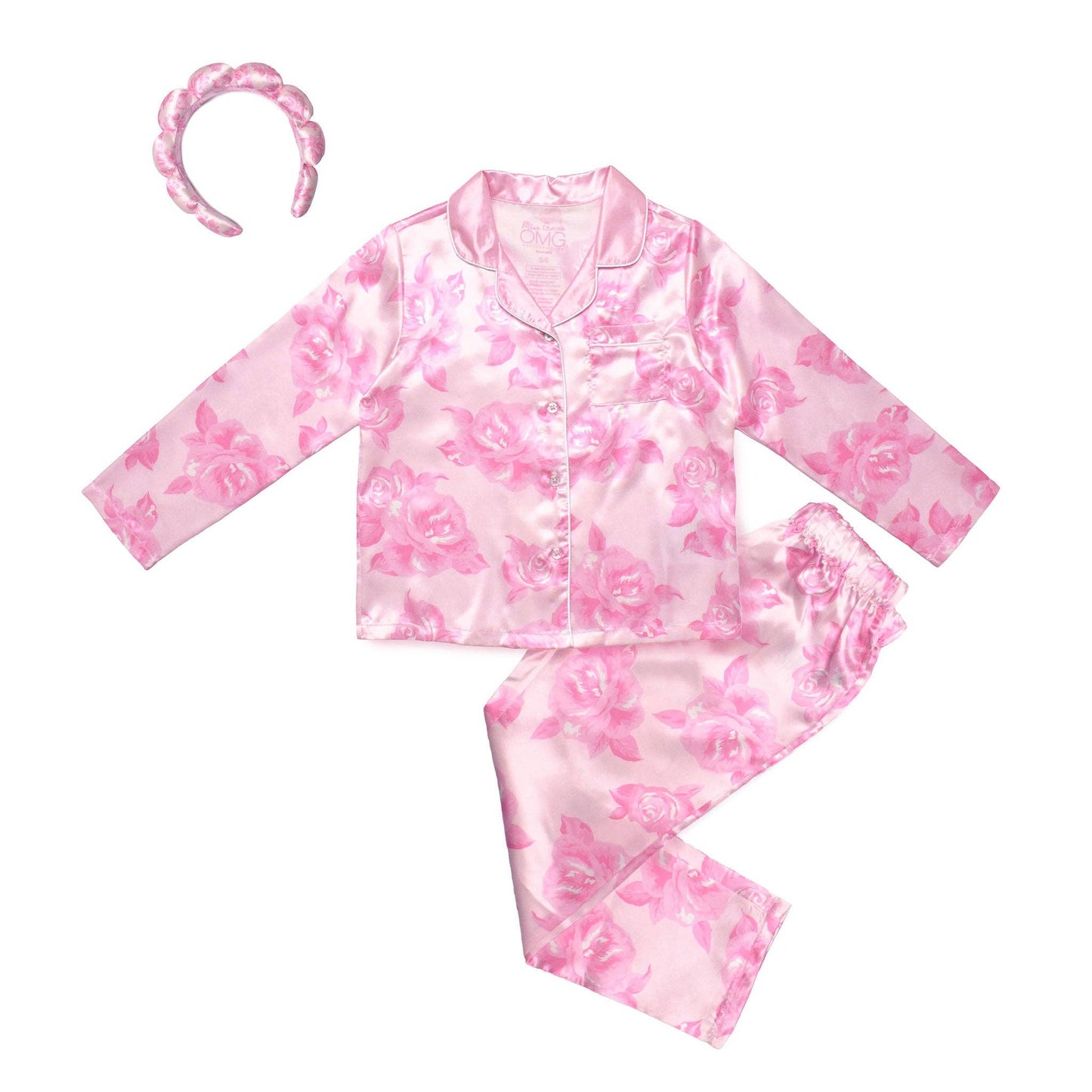Rose Print Satin Pajama Set with Headband