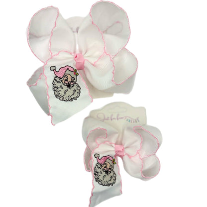 Pink Santa Embroidered Moonstitch Bow
