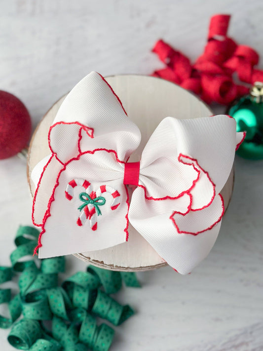 Candy Cane Embroidered Moonstitch Hair Bow