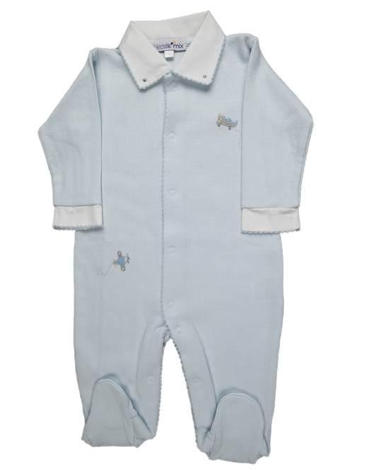 Baby Boy Airplane Luxury Jacquard Open Front Pima Cotton Jumpsuit