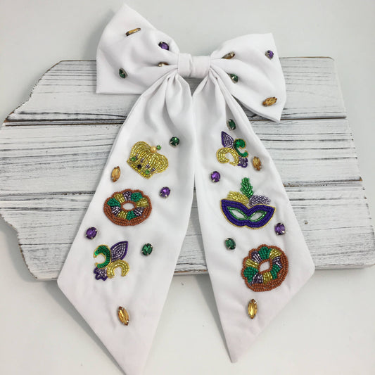 White Mardi Gras Sequin Bow