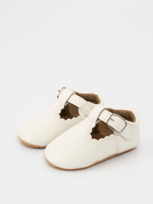 T-Strap Scalloped Buckle Shoes - White
