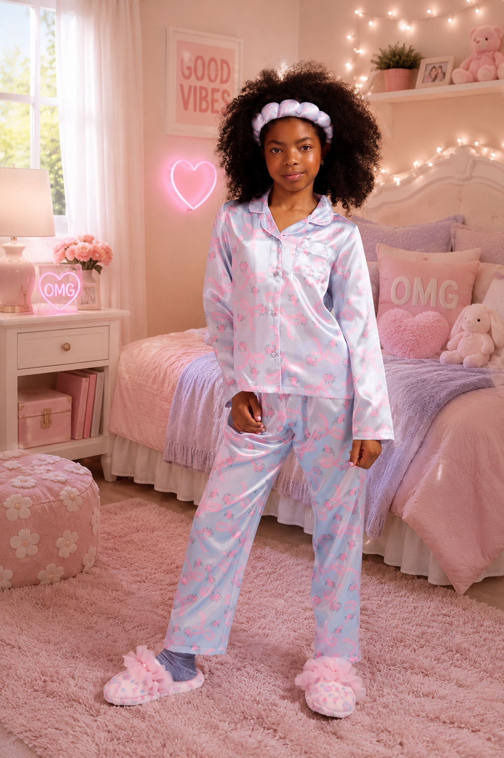 Floral Print Satin Pajama Set with Headband