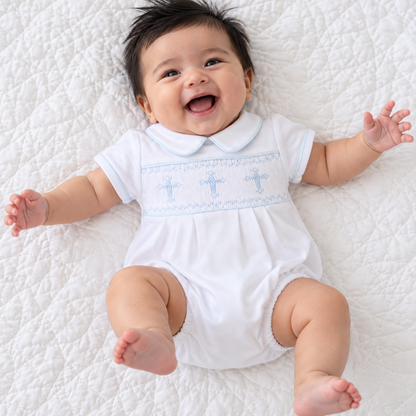 Forever Blessed Smocked Bubble - White Light Blue