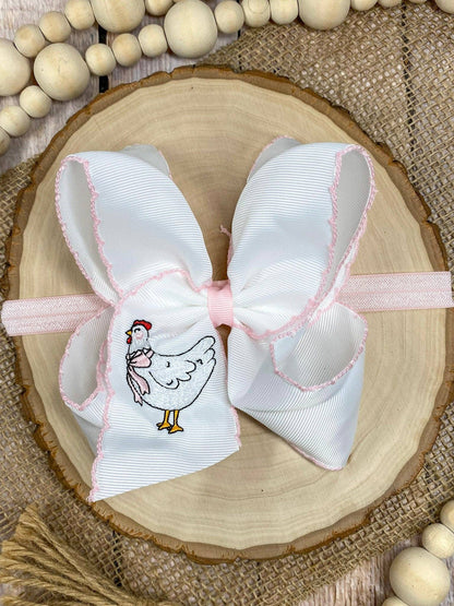 Chicken Embroidered Moonstitch Hair Bow