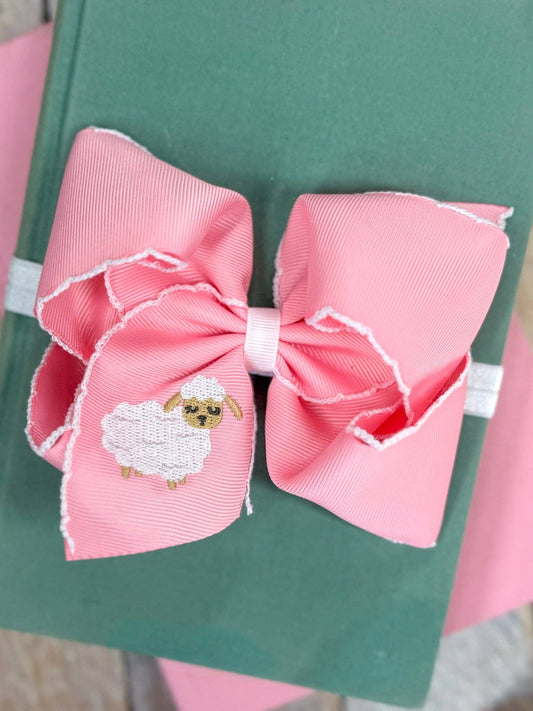 Little Lamb Embroidered Light Pink Moonstitch Bow Headband