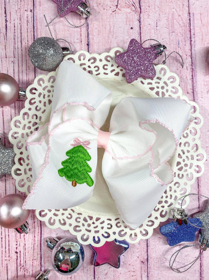 Pink Christmas Tree Embroidered Hair Bow