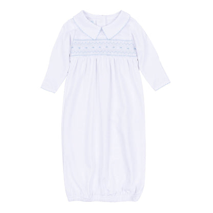 George Smocked Gown - White Light Blue