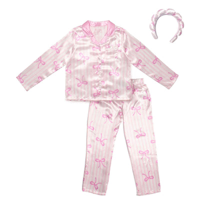 Striped Bow Satin Pajama Set with Headband