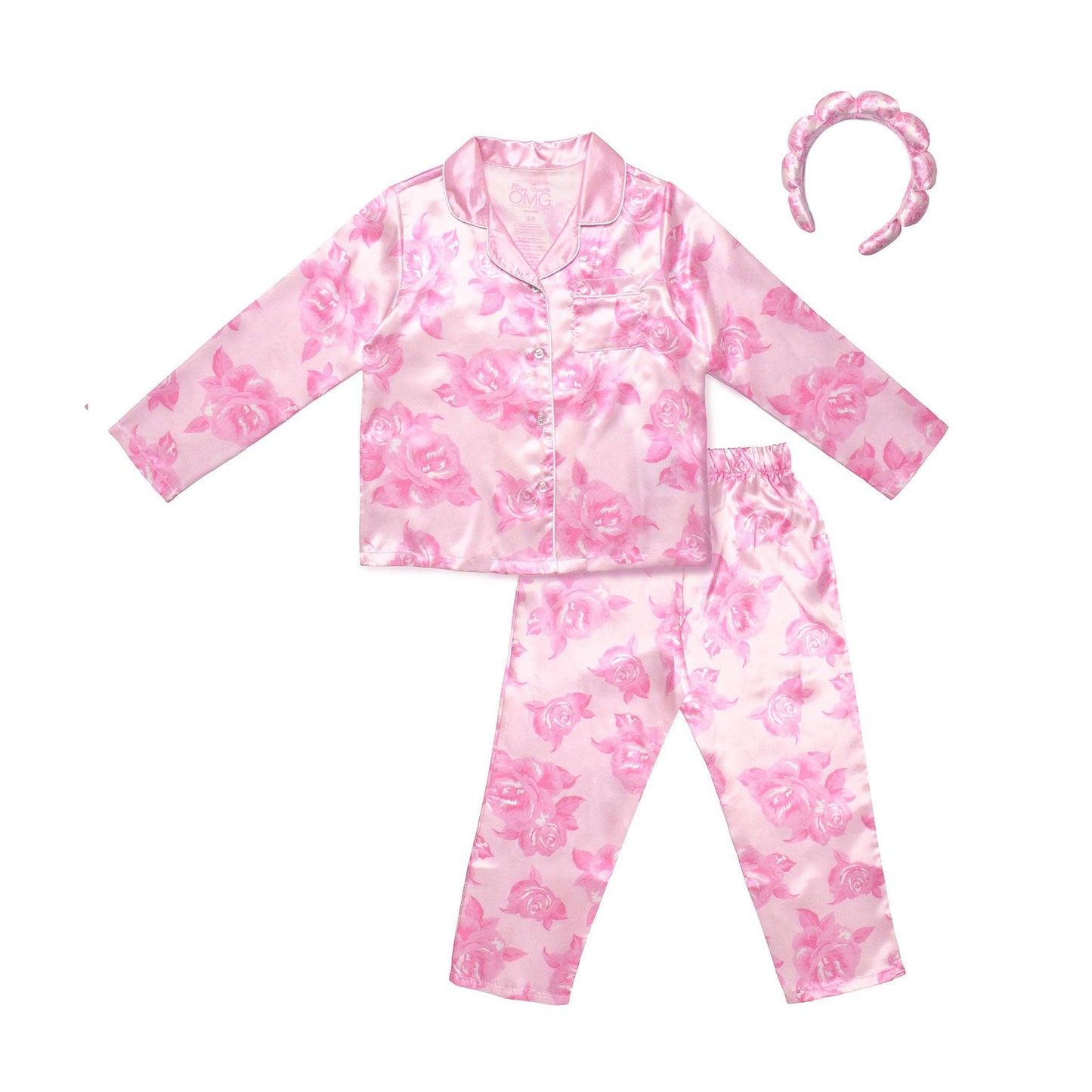 Rose Print Satin Pajama Set with Headband