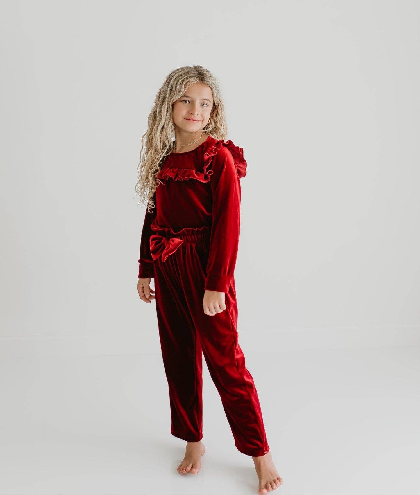 Girls Red Burgundy Velvet Christmas Holiday Pant Set