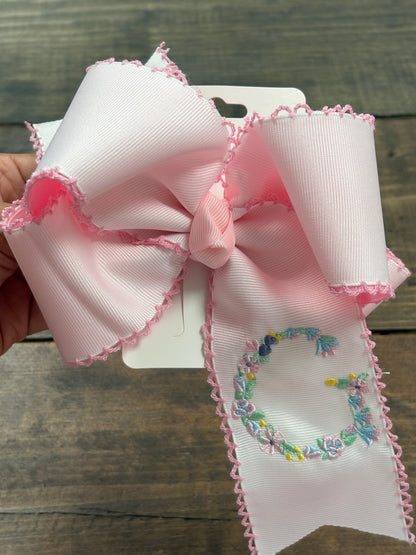 Floral Initial Embroidery Hair Bow