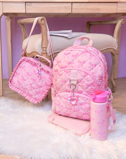 Bow Printed Quilted Large Backpack with Charm