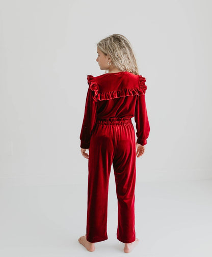 Girls Red Burgundy Velvet Christmas Holiday Pant Set