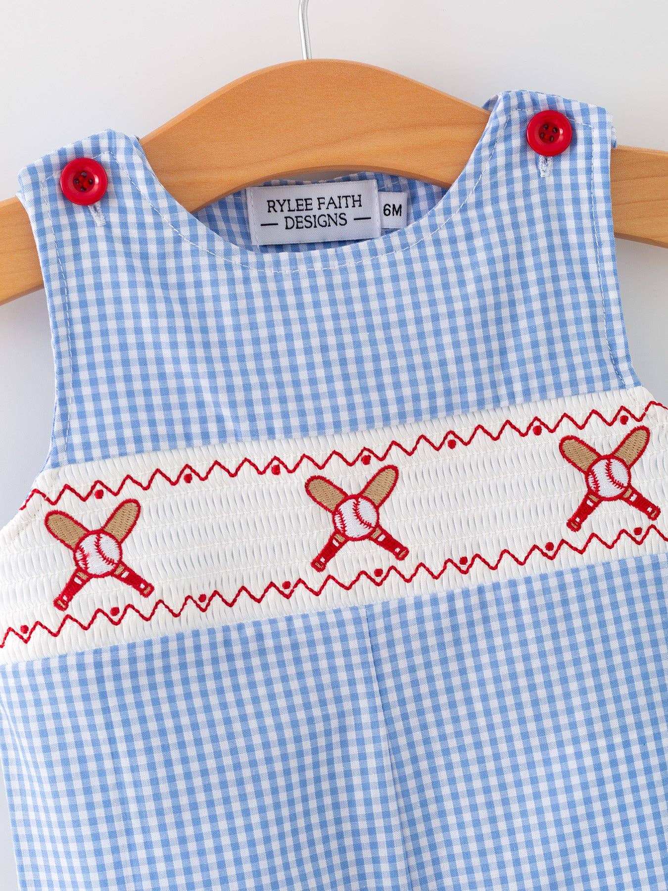 Blue Gingham Baseball Smock Romper