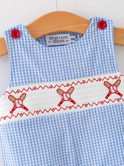Blue Gingham Baseball Smock Romper