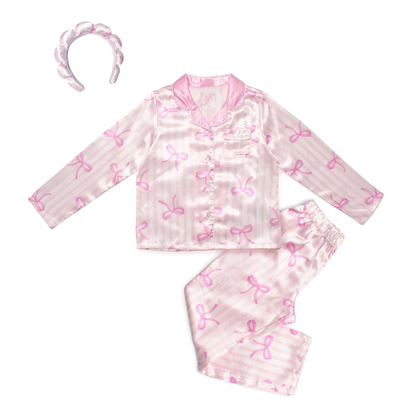 Striped Bow Satin Pajama Set with Headband
