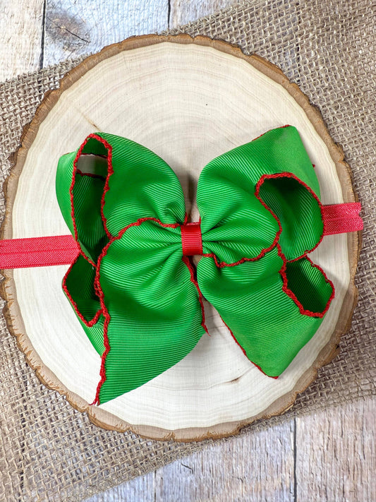 Green with Red Moonstitch Bow Headband