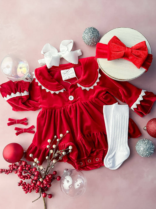 Classic Red Velvet Infant Girl's Christmas Skirted Pajamas