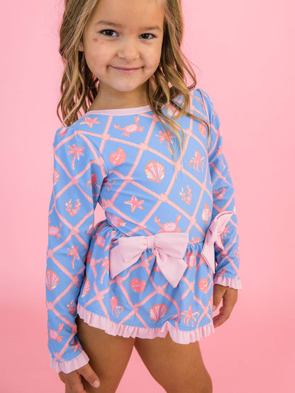 Girls Tropical Trellis Long Sleeve One Piece Bow Peplum Rash Guard Swimsuit