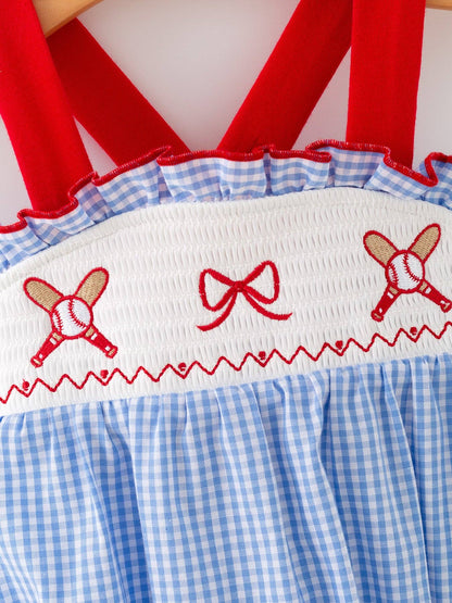 Blue Gingham Baseball Ruffle Smock