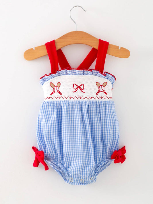 Blue Gingham Baseball Ruffle Smock