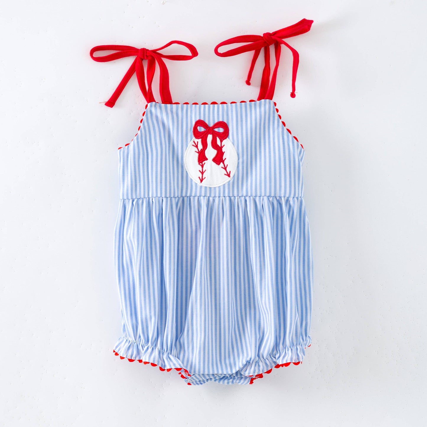 Girls Baseball Bow Pinstripe Tie Strap Romper