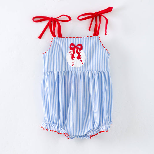Girls Baseball Bow Pinstripe Tie Strap Romper