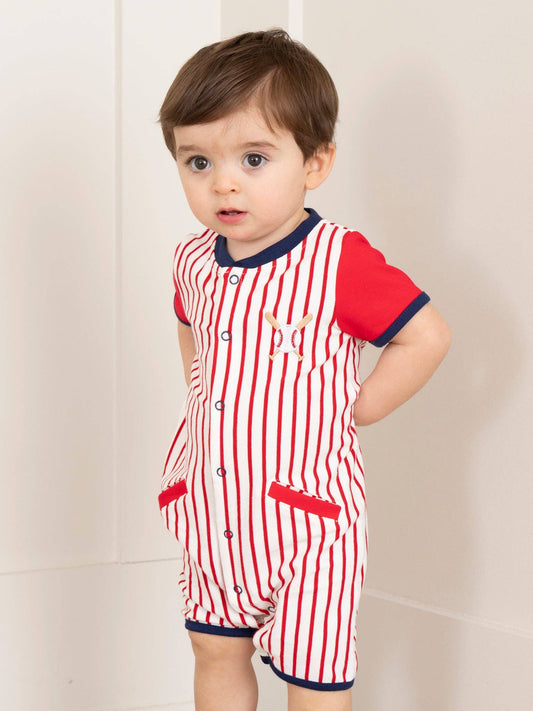 Baseball Stripes Raglan Button Up Romper - Red
