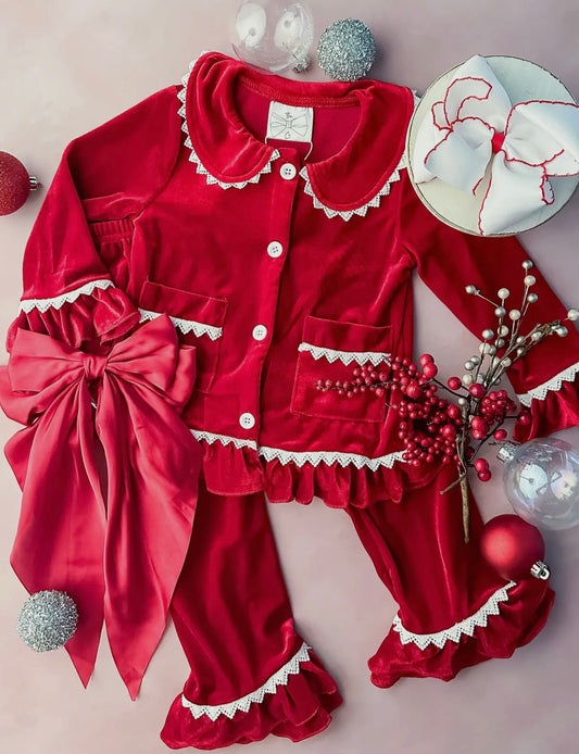 Red Velvet Girl Ruffle Pant Set