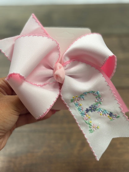 Floral Initial Embroidery Hair Bow