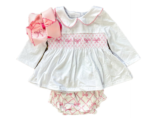 Pink Bow Smock Bloomer Set