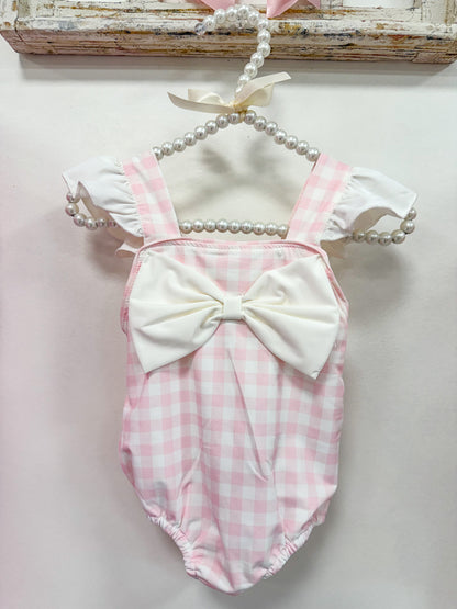 1PC Pink Bow Gingham Swim