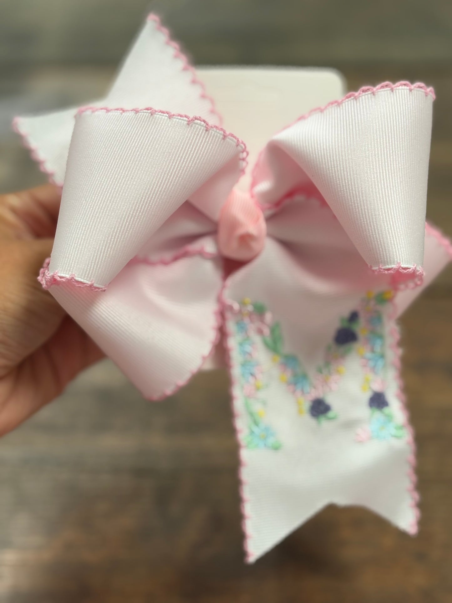 Floral Initial Embroidery Hair Bow