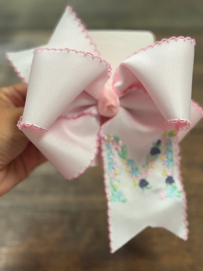 Floral Initial Embroidery Hair Bow
