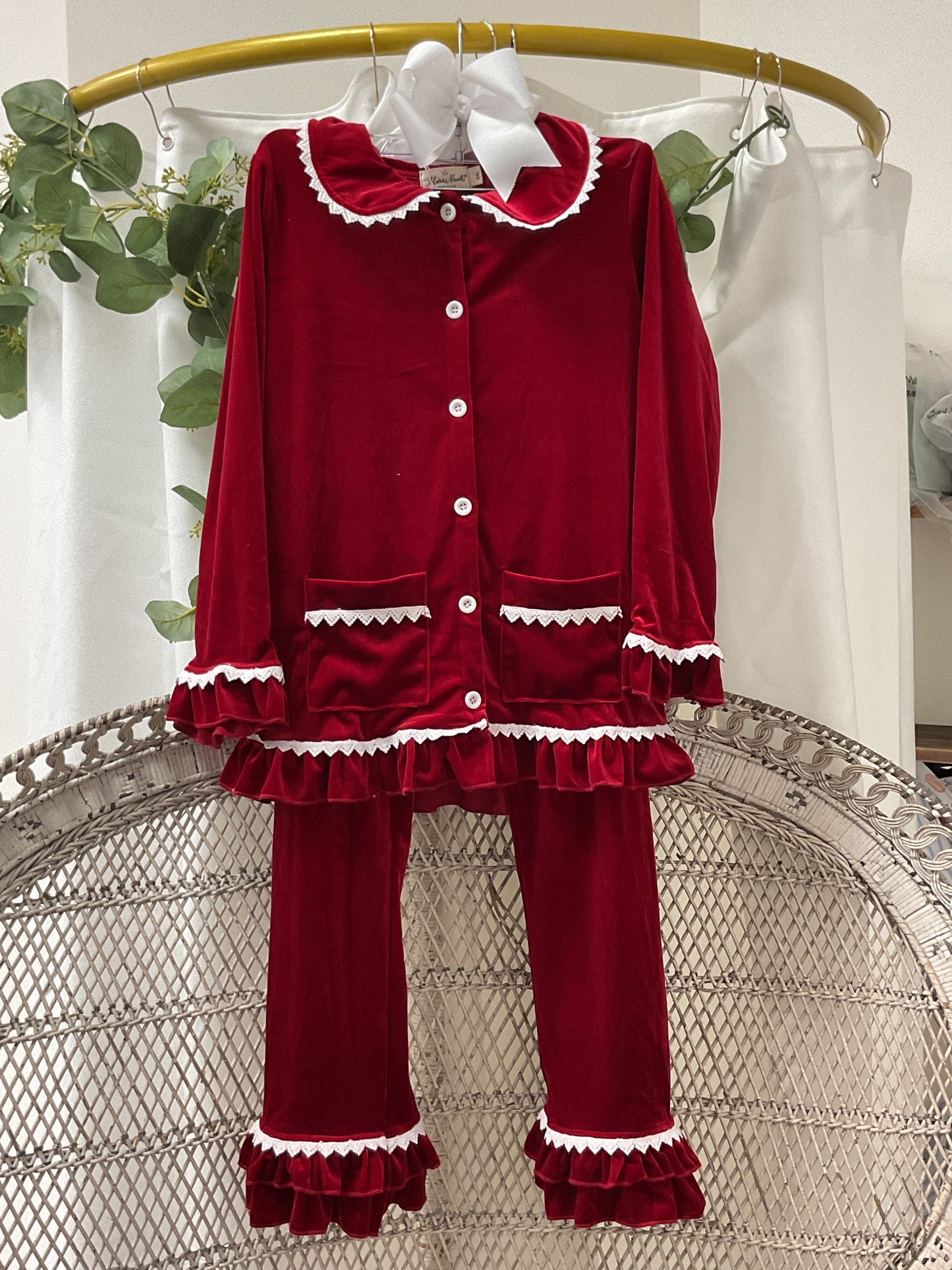 Classic Red Velvet Girls Christmas PJs Set