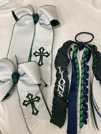 Green and White School Bows