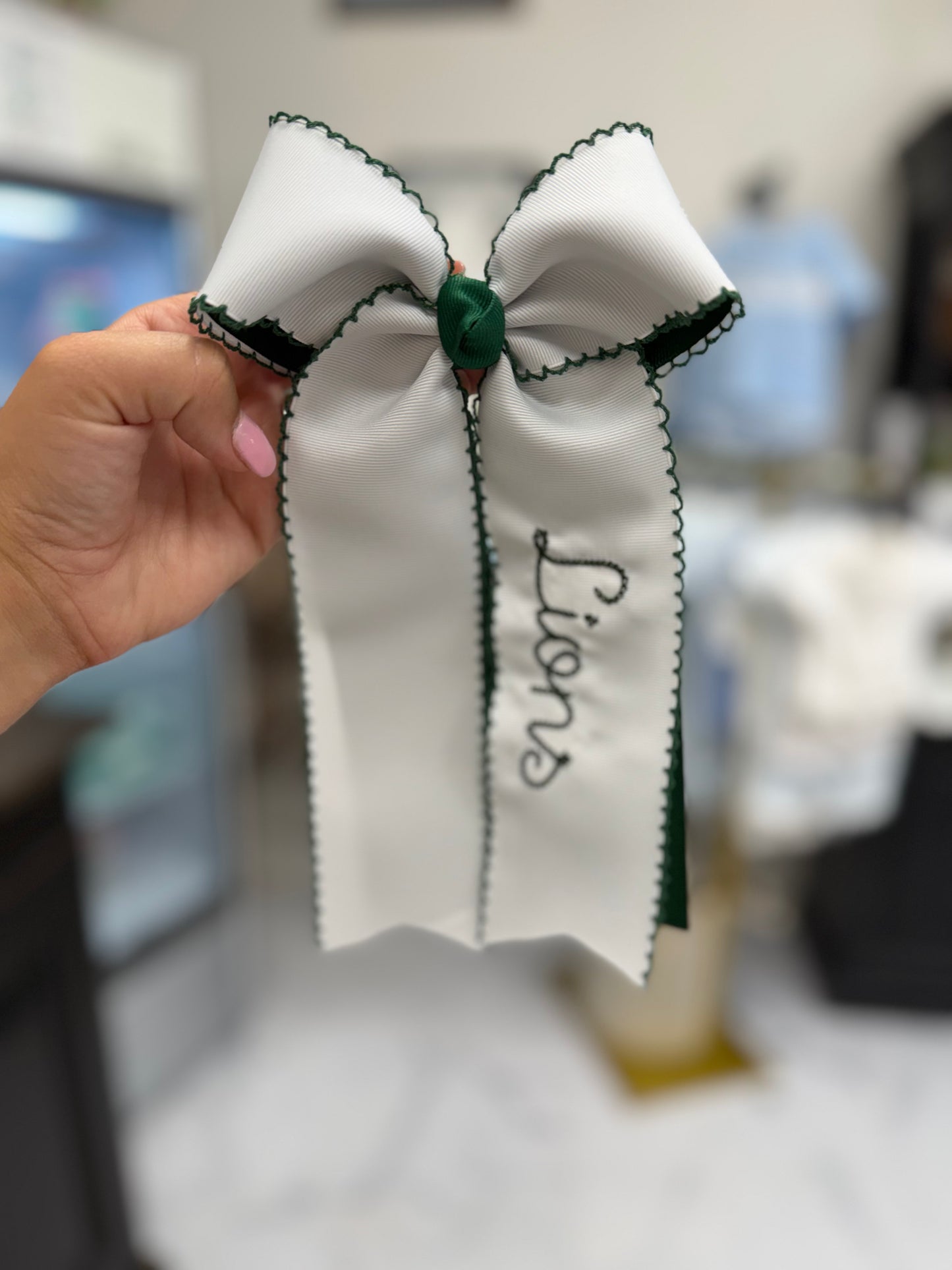 Green and White School Bows