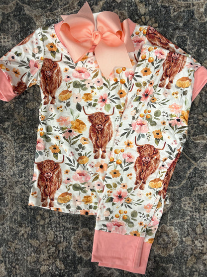 Floral Highland Cow PJ Set