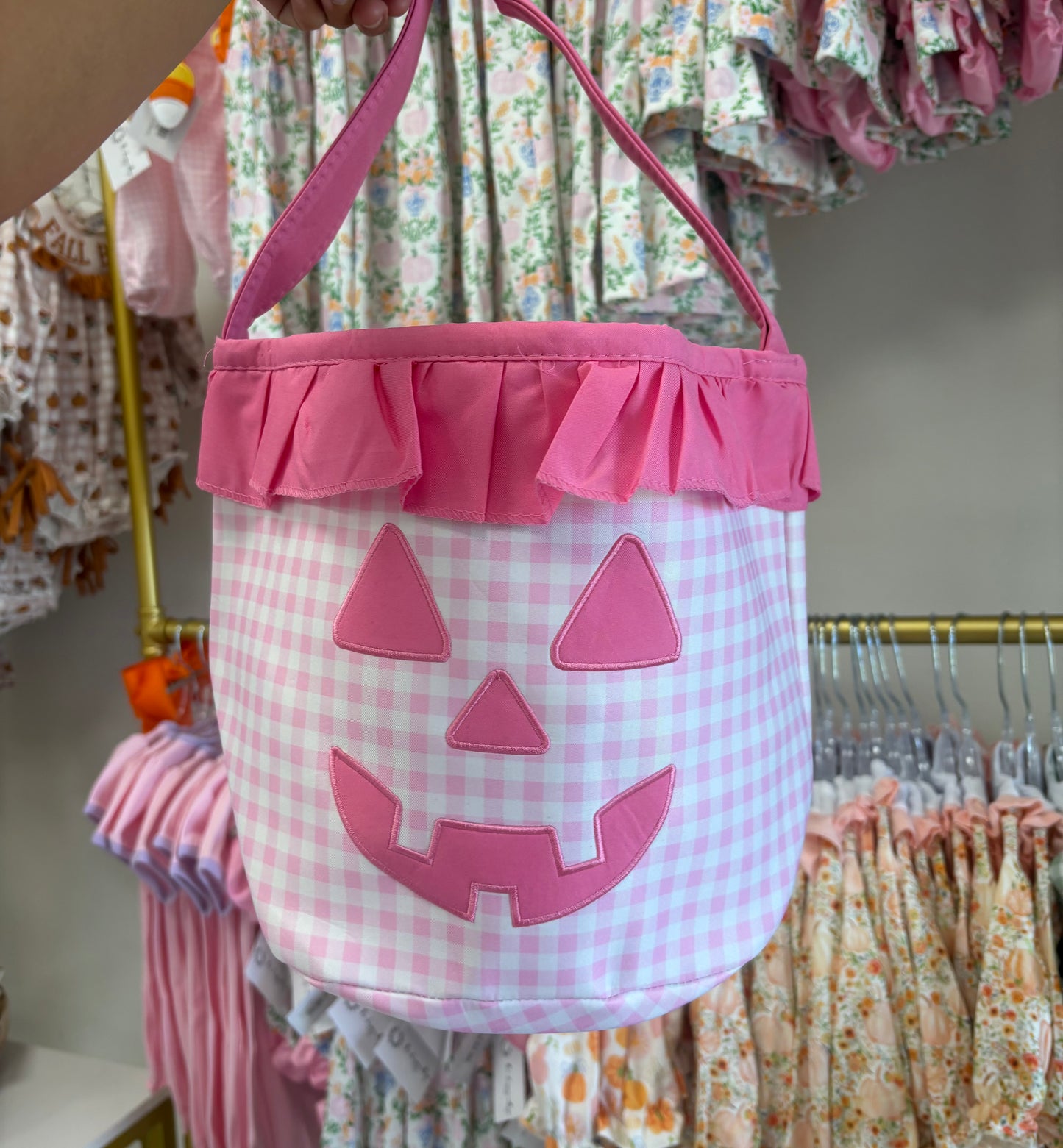 Pink Gingham Ruffled Halloween Basket