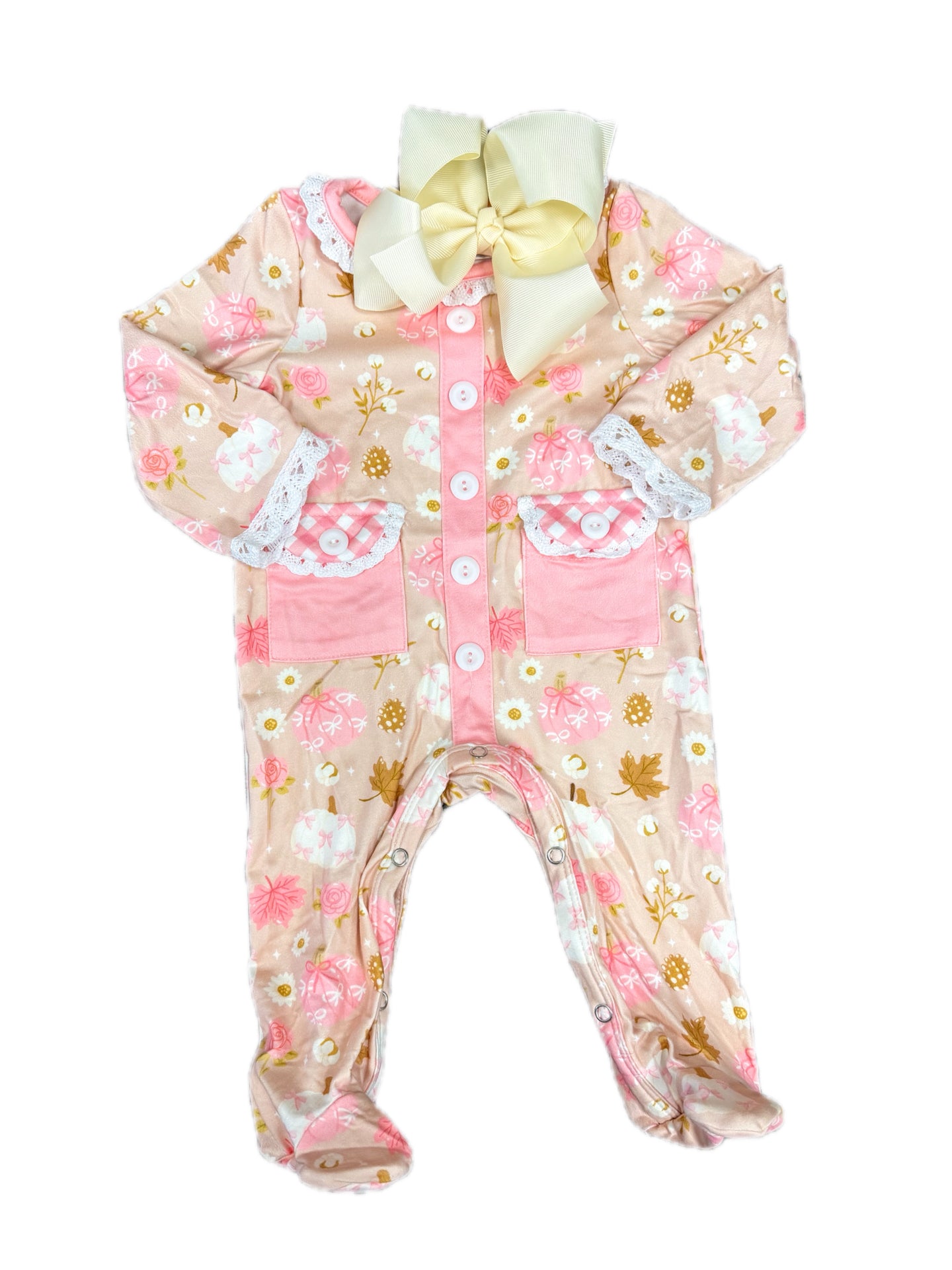 Cream & Pink Pumpkin Footed Romper