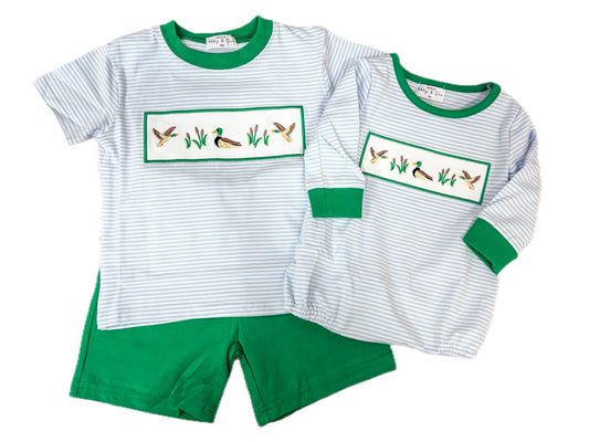 Green Duck Striped Embroidered Short Set