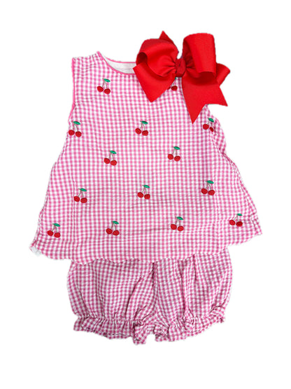 Pink Embroidered Cherry Gingham Bloomer Set