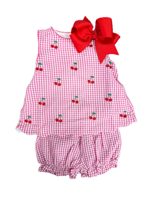 Pink Embroidered Cherry Gingham Bloomer Set