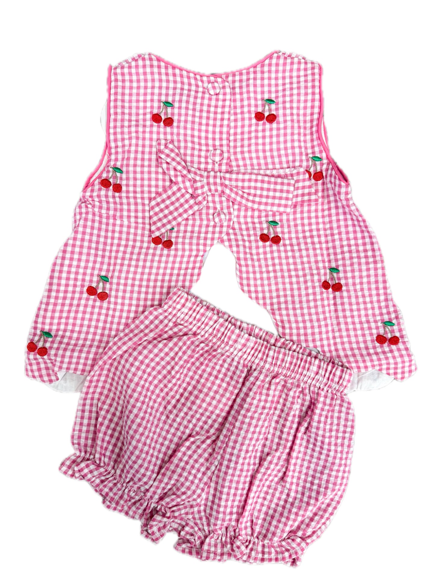 Pink Embroidered Cherry Gingham Bloomer Set