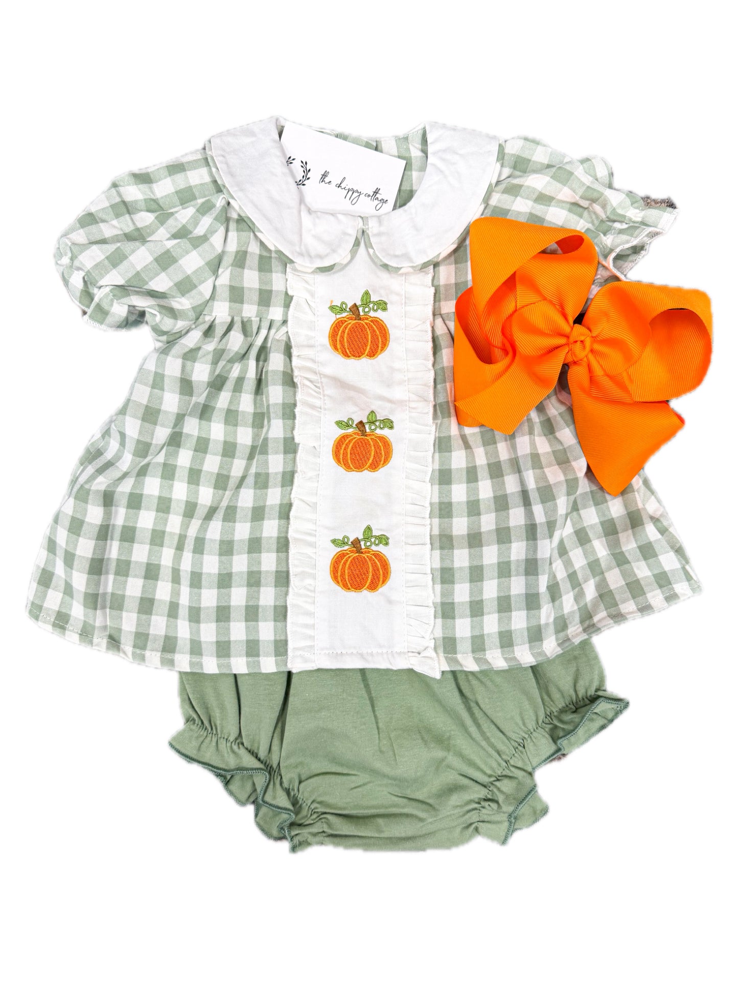 Sage Pumpkin Gingham Ruffle Bloomer Set
