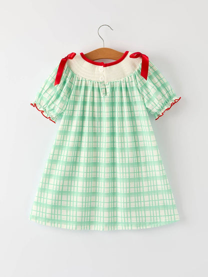 Christmas Girl Smock Embroidery Green Plaid Dress