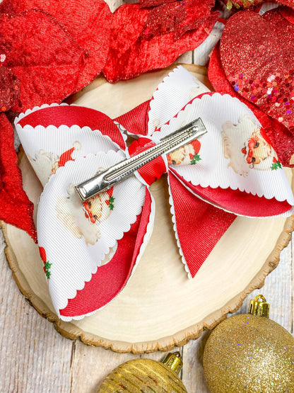 Scalloped Santa Print Glitter Hair Bow in Red