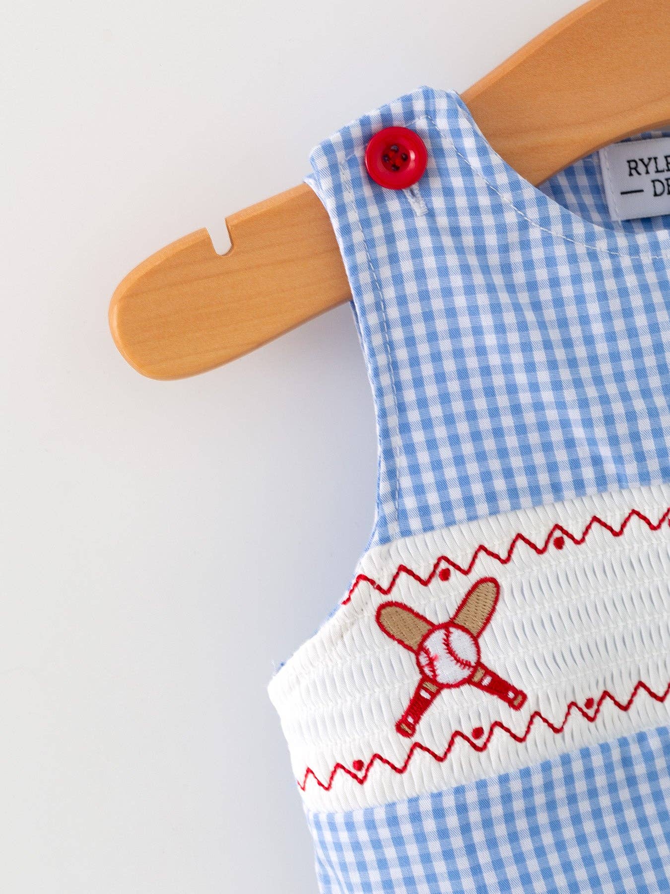 Blue Gingham Baseball Smock Romper